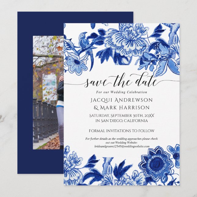 Navy Blue und White Asian Influenza Chinoiserie Save The Date (Vorne/Hinten)