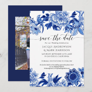 Navy Blue und White Asian Influenza Chinoiserie Save The Date