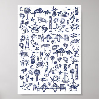 Navy Blue und White Charleston Toile Mini Poster