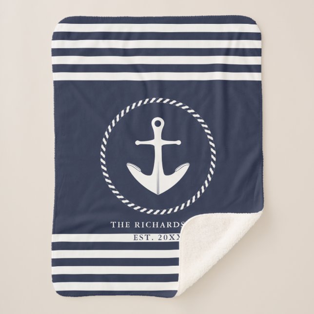 Navy Blue und White Coastal Nautical Custom Sherpadecke (Vorderseite)
