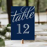 Navy Blue und White Elegante Script-Tischnummern Tischnummer<br><div class="desc">Einfache und elegante Tischnummer-Karten mit Kalligraphie-Stil-Skript-Schriftart. Passen Sie jede Karte mit Ihren Tischnummern an,  um Anzug jeder Größe Hochzeit oder Party. Klicken Sie auf Anpassen,  um den Schriftart und die Farbe der Zahl zu ändern oder die Hintergrundfarbe zu ändern,  um ein eigenes,  einzigartiges Design zu erstellen.</div>