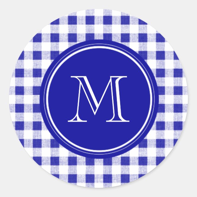 Navy Blue und White Gingham, Ihre Monogram Runder Aufkleber (Vorderseite)