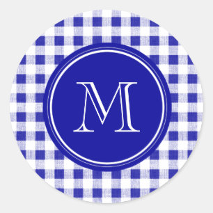 Navy Blue und White Gingham, Ihre Monogram Runder Aufkleber