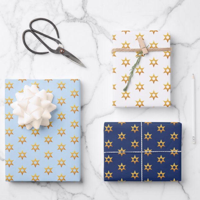 Navy Blue und White Hanukkah Golden David Star Geschenkpapier Set (Vorderseite)