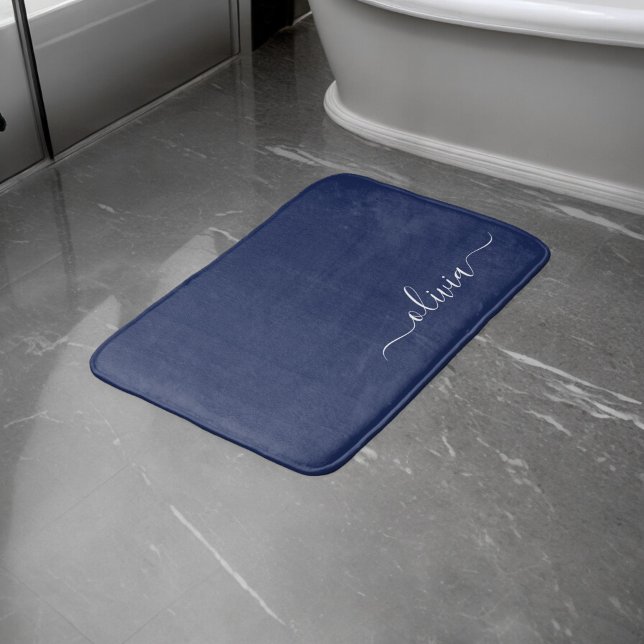 Navy Blue und White Modern Monogram Badematte (Von Creator hochgeladen)