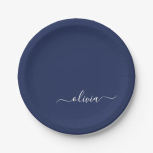 Navy Blue und White Modern Monogram Pappteller