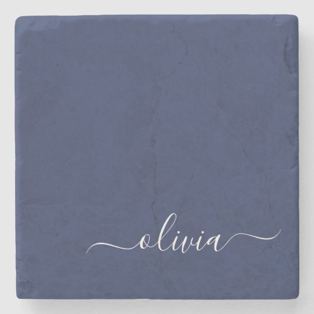 Navy Blue und White Modern Monogram Steinuntersetzer (Vorderseite)