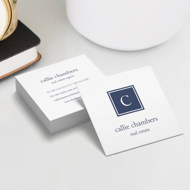 Navy Blue und White Monogram Quadratische Visitenkarte (Von Creator hochgeladen)