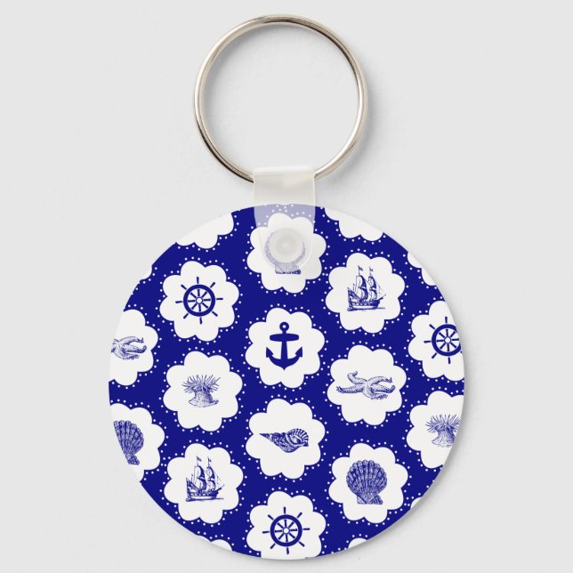 Navy Blue und White Nautical Pattern Schlüsselanhänger (Vorderseite)