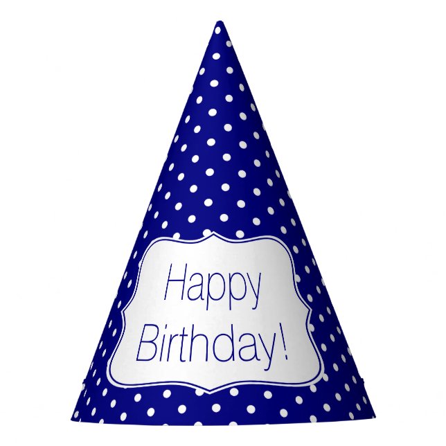 Navy Blue und White Polka Dot Birthday Party Partyhütchen (Vorderseite)