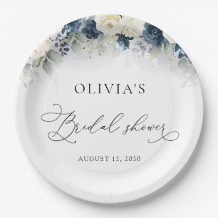 Navy Blue und White Roses Brautparty Pappteller