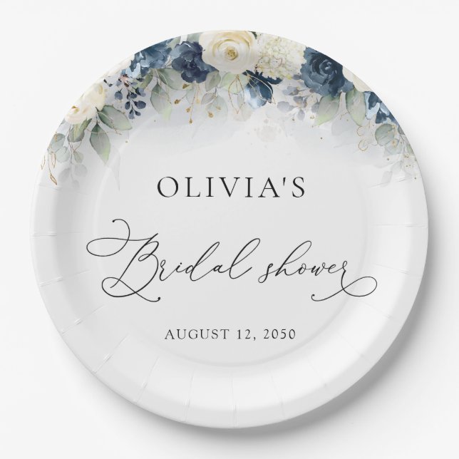 Navy Blue und White Roses Brautparty Pappteller (Vorderseite)