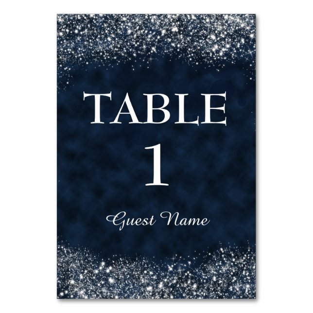Navy Blue und White Stardust Empfang Platzkarte Tischnummer (Vorderseite)