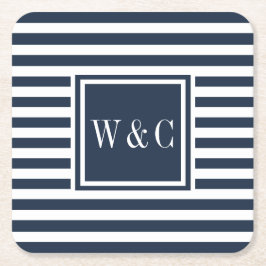 Navy Blue und White Strip Monogramm Rechteckiger Pappuntersetzer