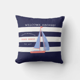 Navy Blue und White Stripes und Segelboot Nautic Kissen