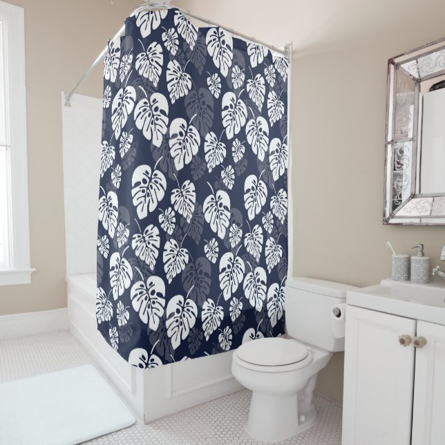 Navy Blue und White Tropical Folies | Floral Duschvorhang (Beispiel)