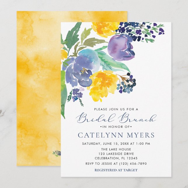 Navy Blue und Yellow Floral Moderner Bridal Brunch Einladung (Vorne/Hinten)