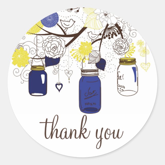 Navy Blue und Yellow Mason Jars Danke Sticker (Vorderseite)