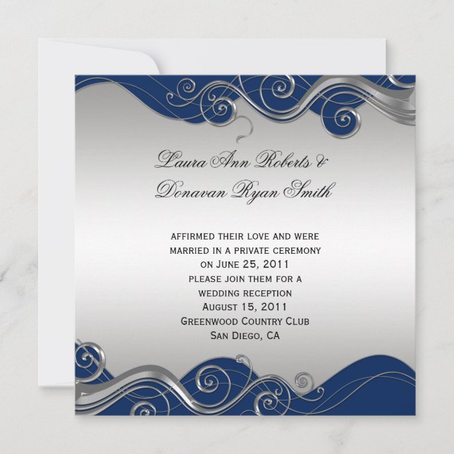 Navy Blue Verziert Silver Wirbel Post Wedding Cele Einladung (Vorderseite)