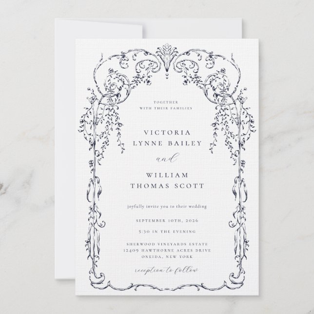 Navy Blue Viktorianisch Frame Wedding Einladung (Vorderseite)