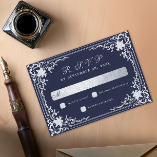 Navy Blue Vintag Imitats Silver Elegante Wedding RSVP Karte