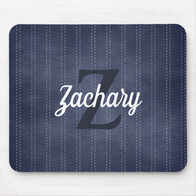 Navy Blue Vintag Pinstrich Retro Monogram Mousepad (Vorne)