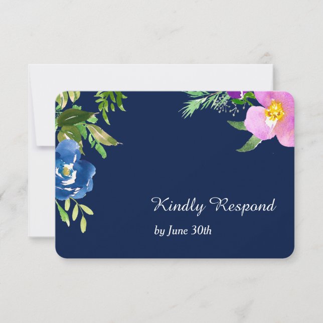 Navy Blue Violet Moderne Blumenhochzeit RSVP (Vorderseite)