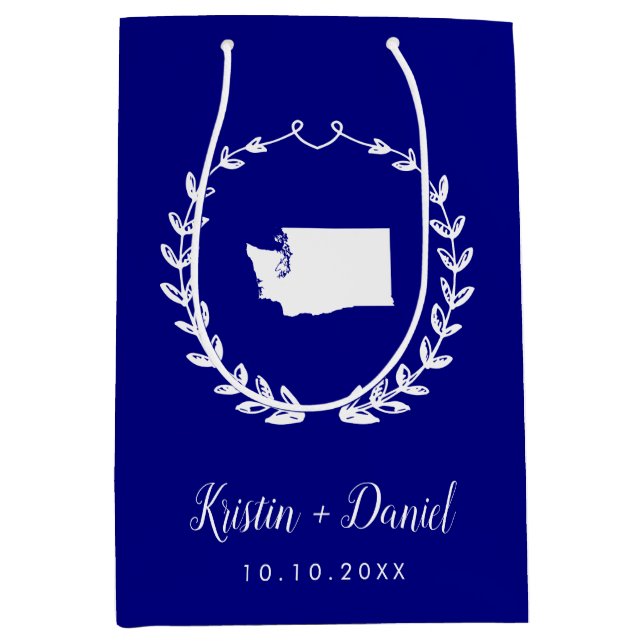 Navy Blue Washington Map Wedding Welcome Swag Mittlere Geschenktüte (Vorderseite)