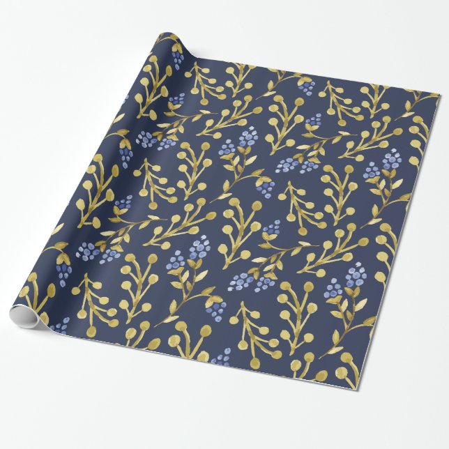 Navy Blue Watercolor Beroral Geschenkpapier (Ungerollt)