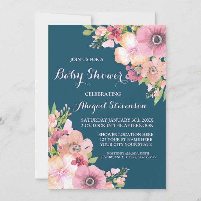 Navy Blue Watercolor Blume Babydusche Einladung (Rückseite)