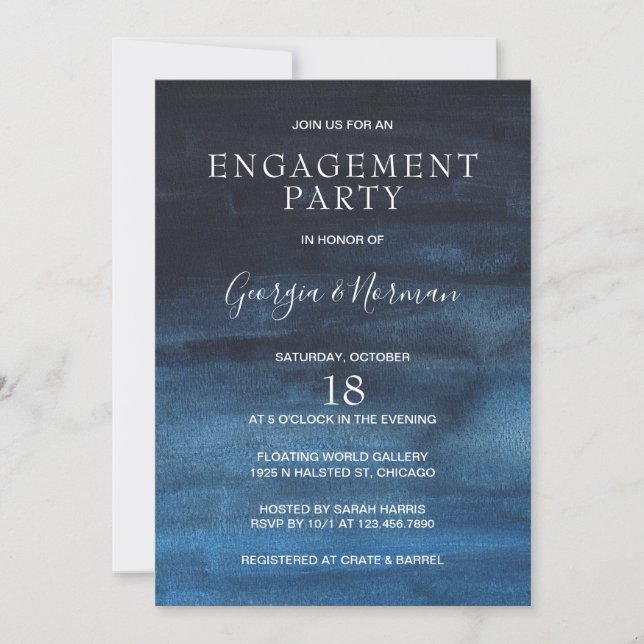 Navy Blue Watercolor Engagement Party Einladung (Vorderseite)