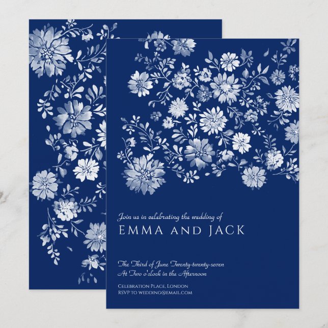 Navy Blue Watercolor Floral Wedding Invitation (Devant / Derrière)
