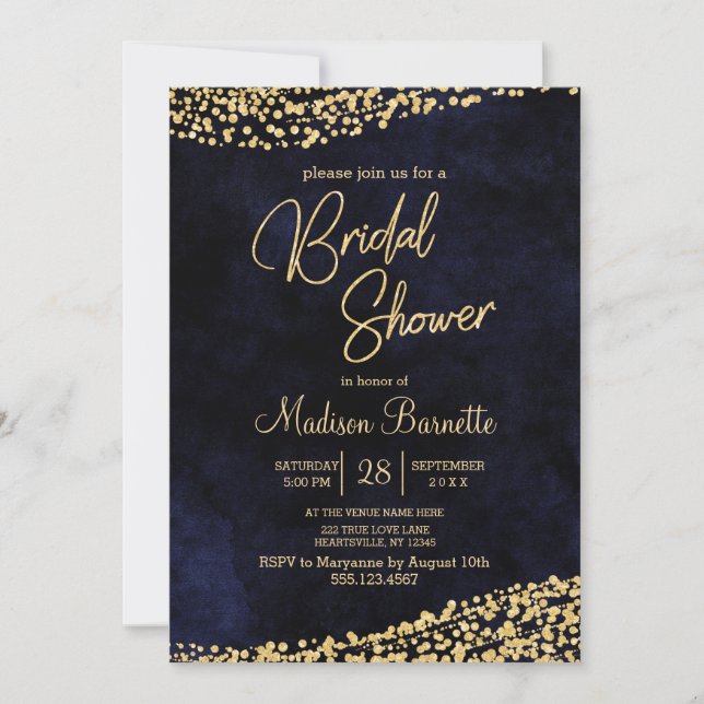 Navy Blue Watercolor Gold Bridal Dusche Einladung (Vorderseite)