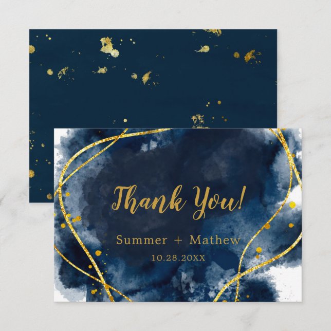 Navy Blue Watercolor Gold Wedding Dankeschön Karte (Vorne/Hinten)