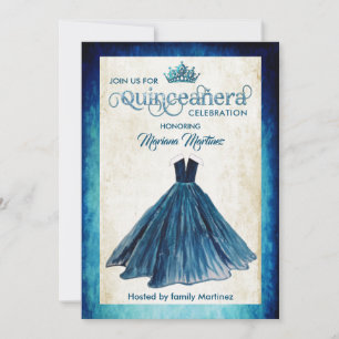 Navy Blue Watercolor Handgezeichnetes Ballkleid Qu Einladung