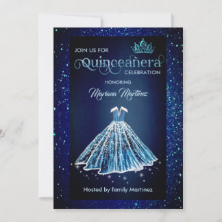 Navy Blue Watercolor Handgezeichnetes Ballkleid Qu Einladung