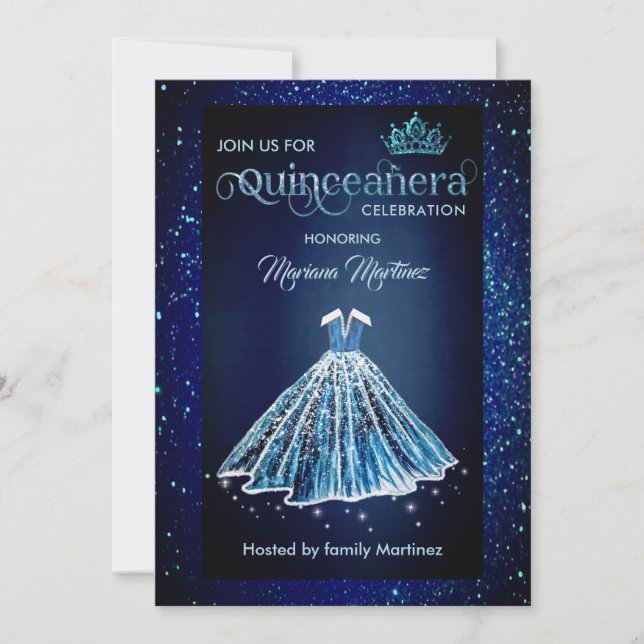 Navy Blue Watercolor Handgezeichnetes Ballkleid Qu Einladung (Vorderseite)