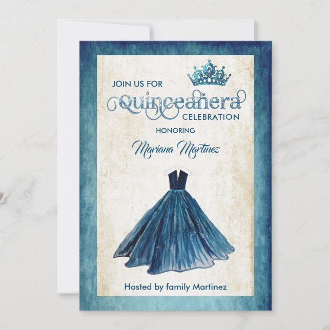 Navy Blue Watercolor Handgezeichnetes Ballkleid Qu Einladung (Vorderseite)