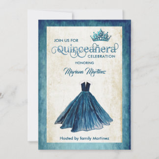 Navy Blue Watercolor Handgezeichnetes Ballkleid Qu Einladung
