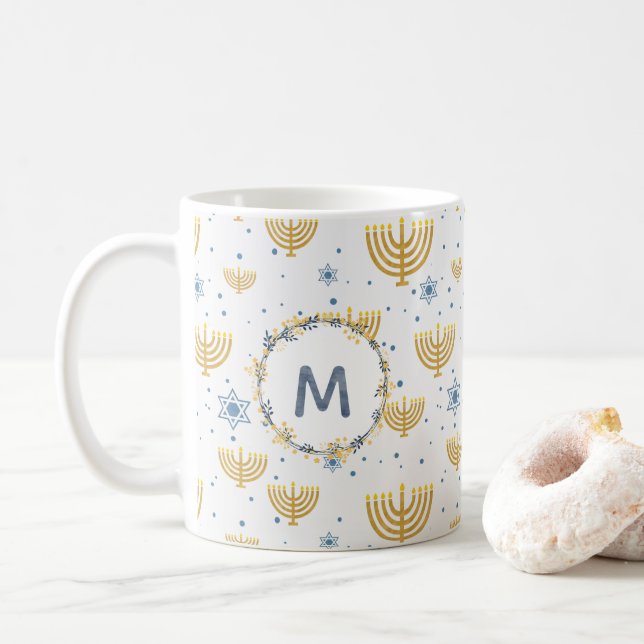 Navy Blue Watercolor Monogram + Hanukkah Pattern Kaffeetasse (Mit Donut)
