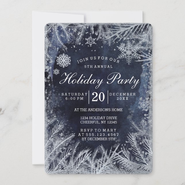Navy Blue Watercolor & Silver Christmas Party Einladung (Vorderseite)