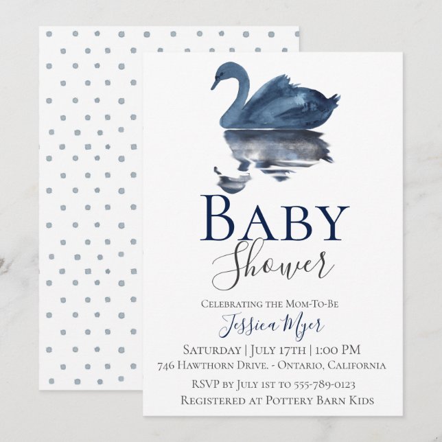 Navy Blue Watercolor Swan Baby Shower Einladung (Vorne/Hinten)
