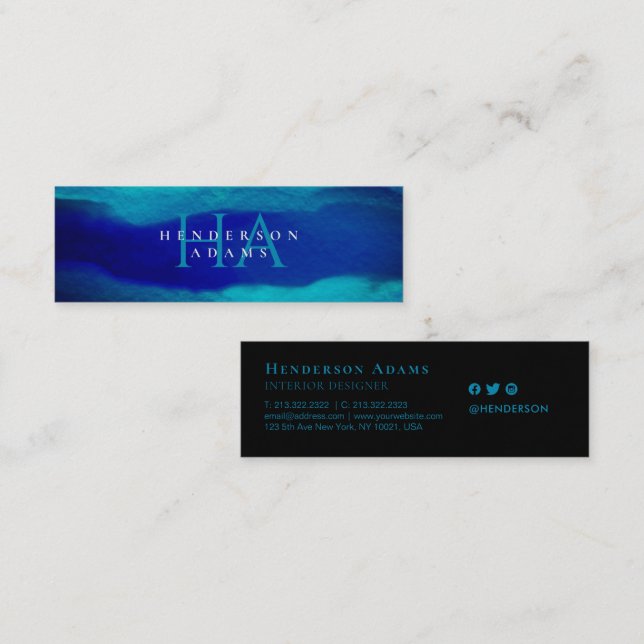 Navy Blue Watercolor Wavy Abstrakt Monogram Mini Visitenkarte (Vorne/Hinten)