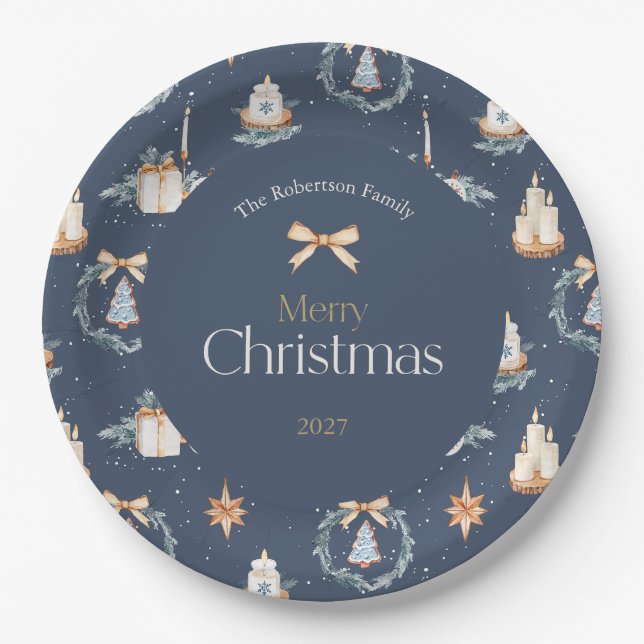 Navy Blue Watercolor Weihnachten Pappteller (Vorderseite)