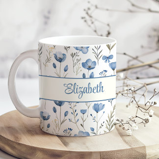 Navy Blue Watercolor Wildblumen Mohnschrift Name Kaffeetasse