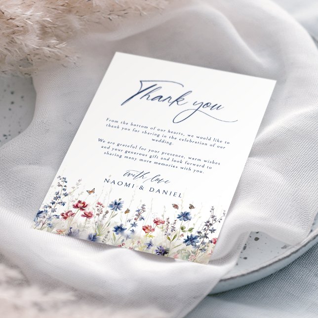 Navy Blue Watercolor Wildflower Field Wedding Dankeskarte (Navy Blue Watercolor Wildflower Field Wedding Thank You Card)