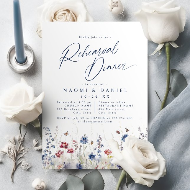 Navy Blue Watercolor Wildflower Rehearsal Dinner Einladung (Navy Blue Watercolor Wildflower Rehearsal Dinner Invitation)