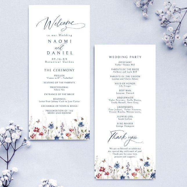Navy Blue Watercolor Wildflower Rustic Wedding Menükarte (Navy Blue Watercolor Wildflower Rustic Wedding Menu)