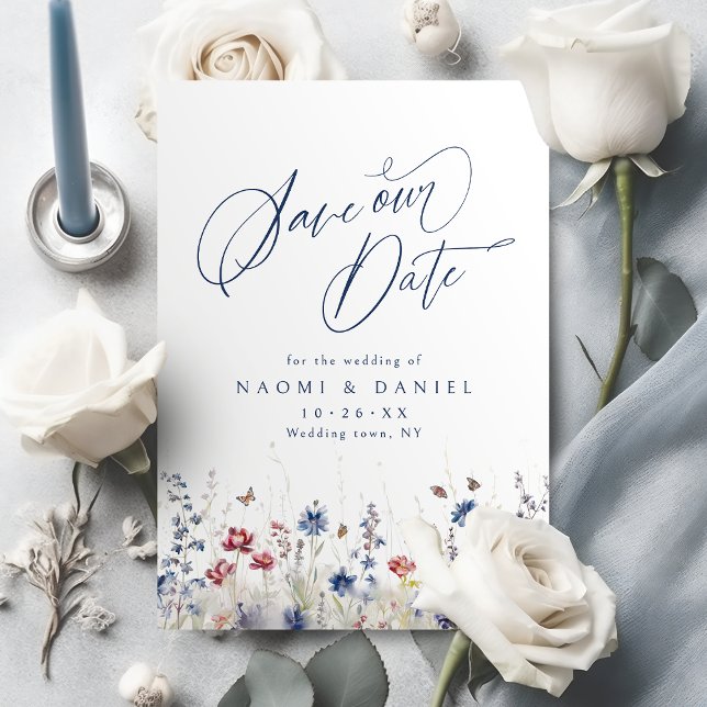 Navy Blue Watercolor Wildflower Rustic Wedding Save The Date (Navy Blue Watercolor Wildflower Rustic Wedding Save The Date)