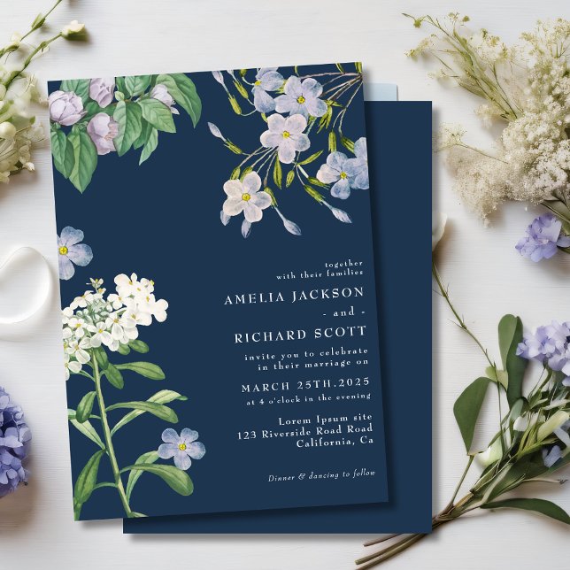 Navy blue watercolor wildflowers classic wedding einladung (Von Creator hochgeladen)